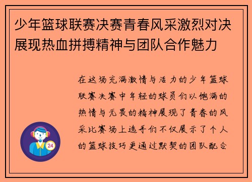 少年篮球联赛决赛青春风采激烈对决展现热血拼搏精神与团队合作魅力