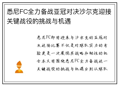 悉尼FC全力备战亚冠对决沙尔克迎接关键战役的挑战与机遇