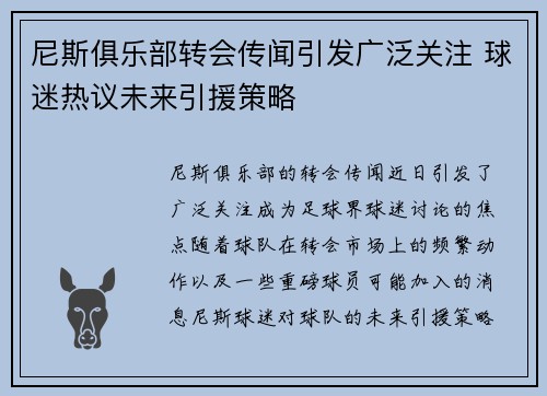 尼斯俱乐部转会传闻引发广泛关注 球迷热议未来引援策略