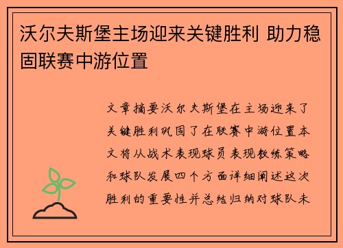 沃尔夫斯堡主场迎来关键胜利 助力稳固联赛中游位置