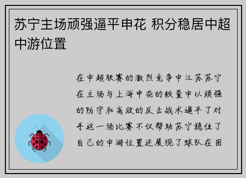 苏宁主场顽强逼平申花 积分稳居中超中游位置